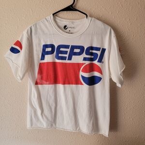 Pepsi White Tee with Blue and Red Logo Distressed Baby Tee Grunge 90s Y2k